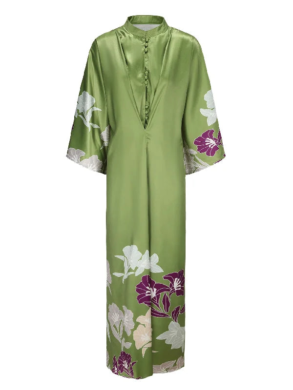 Batwing Sleeves Loose Floral Printed Muslim Pleated Stand Collar Maxi Dresses 133415 Batwing Sleeves Loose Floral Printed Muslim Pleated Stand Collar Maxi Dresses 133415