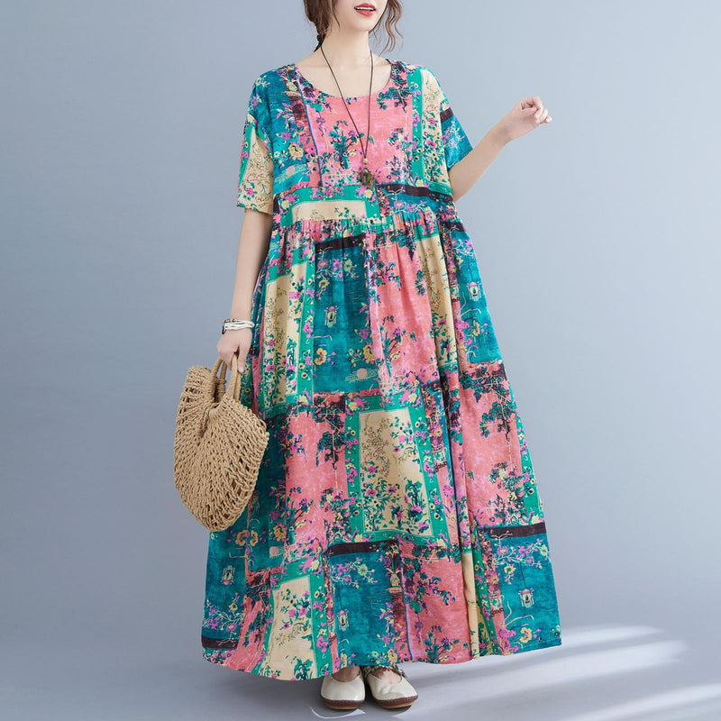 Women Vintage Loose Dress High Waist Printed Pockets Oversized Boho Holiday Casual Dresses Robes X3416661