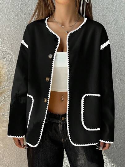 Women Casual Colorblock Trim Dual Pocket Jacket B195915 Women Casual Colorblock Trim Dual Pocket Jacket B195915