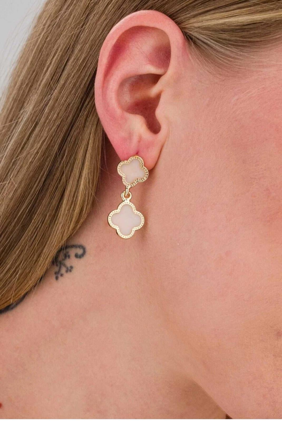 Gold Dipped Linked Clover Drop Earrings Marble White ER75 Gold Dipped Linked Clover Drop Earrings Marble White ER75