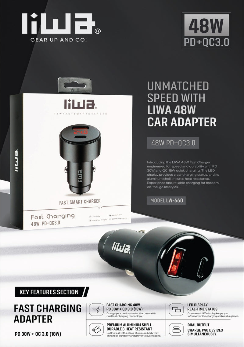 Liwa Car Adapter 48W USB+PD / C6601B - TUZZUT Qatar Online Shopping