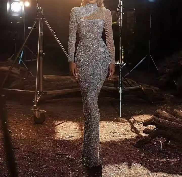 Women's Fashion Out Off-The-Shoulder Gown Round Neck Slimming Dress S-Shaped Sequin Dress B52050 Women's Fashion Out Off-The-Shoulder Gown Round Neck Slimming Dress S-Shaped Sequin Dress B52050