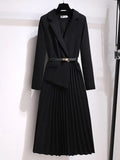 Vintage Pleated Belt Patchwork One Piece Blazer Dress Women Elegant Office Ladies Long Sleeve Notched Female Autumn Midi Vestido  X4030153 - Tuzzut.com Qatar Online Shopping