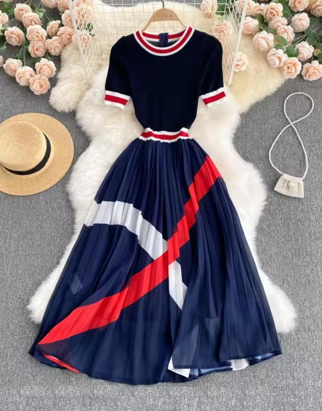 Women's Knitted Round Neck Short-sleeved Midi Dress 524796 Women's Knitted Round Neck Short-sleeved Midi Dress 524796