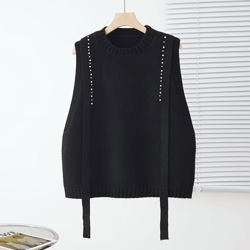 Round Neck Sleeveless Knitted Sweater Vest Black 175536 Round Neck Sleeveless Knitted Sweater Vest Black 175536