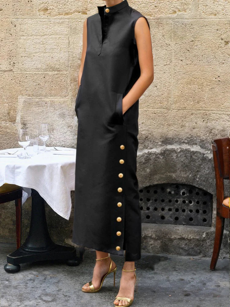 Sleeveless Buttoned Split-side Stand Collar Maxi Dresses 156325 Sleeveless Buttoned Split-side Stand Collar Maxi Dresses 156325