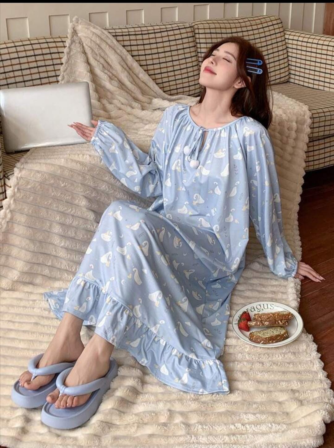 Cute Cartoon Loose Drawstring Neck Ruffle Trim Nightgown 608502 Cute Cartoon Loose Drawstring Neck Ruffle Trim Nightgown 608502