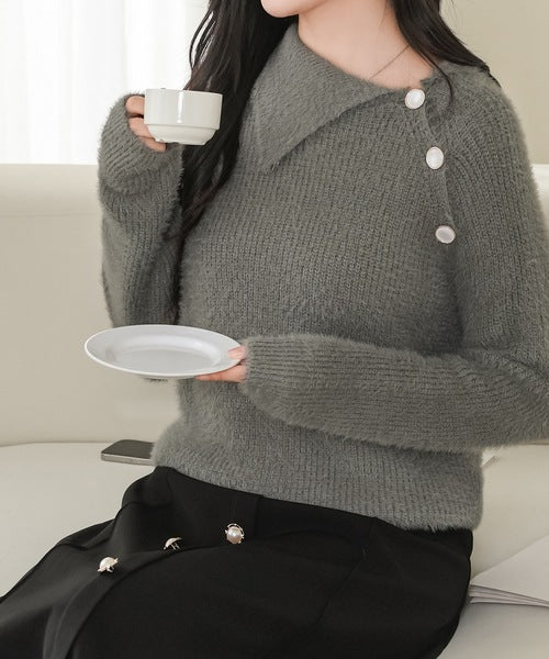 Asymmetrical Collared Shaggy Knit Pullover 62267 Asymmetrical Collared Shaggy Knit Pullover 62267