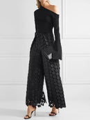 High Waisted Wide Leg Hollow Polka Dot Solid Color Pants Trousers L 127316 - TUZZUT Qatar Online Shopping