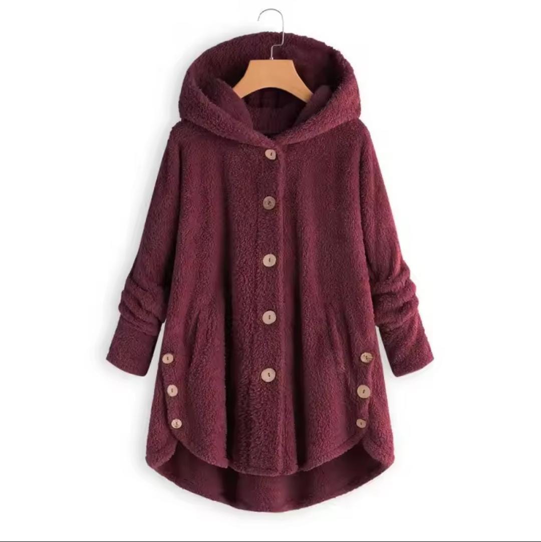 Plus Flannel Single Breasted High Low Hem Hooded Coat B-41380 Plus Flannel Single Breasted High Low Hem Hooded Coat B-41380