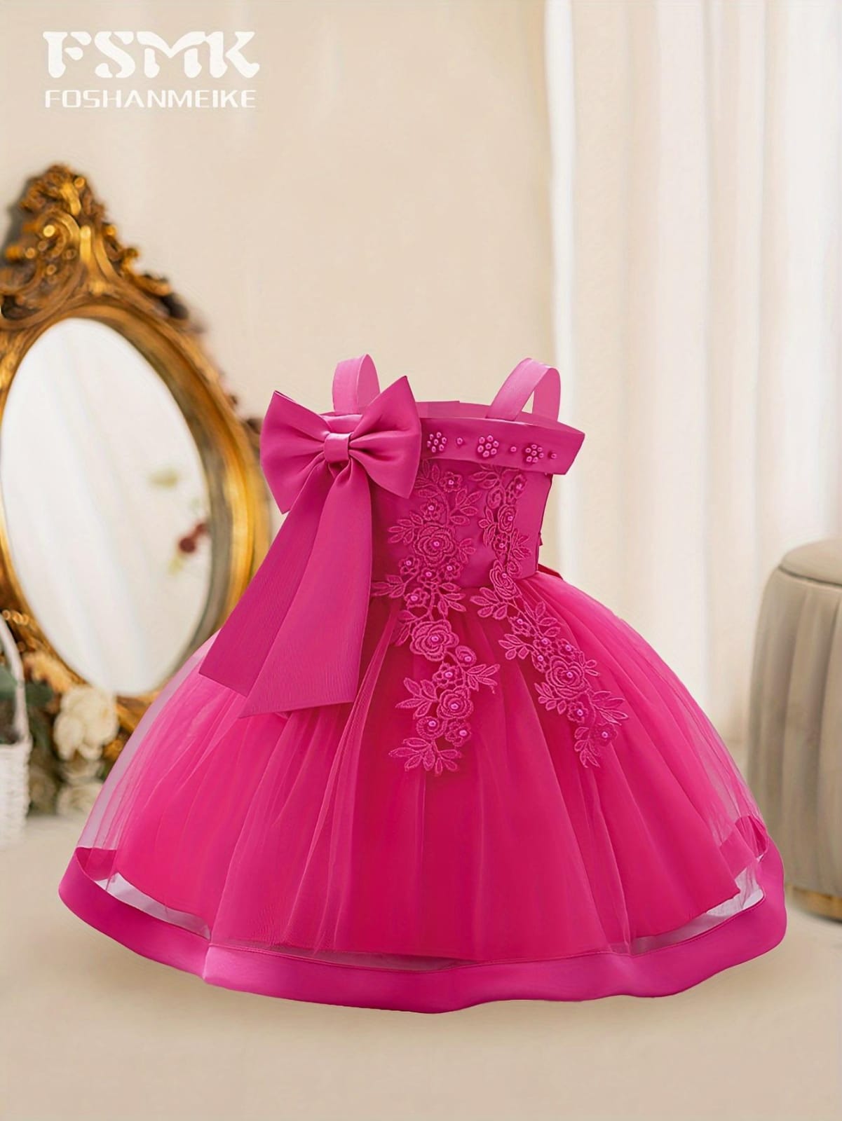 Young Girl Solid Color Splice Mesh & Satin Open Shoulder Outfit 1768216 Young Girl Solid Color Splice Mesh & Satin Open Shoulder Outfit 1768216