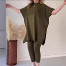 Women's Sweaters 2 Piece Set Short Sleeve Split Sweaters Loose Elastic Waist Pants   B197683 - TUZZUT Qatar Online Shopping