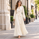 M-L Size Ivory Pleated Long-Sleeve Maxi Dress with Tie Belt MC-A49