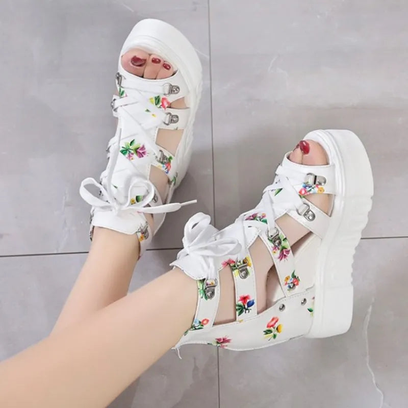 Women Floral Graphic Lace-Up Front Wedge Summer Sandals