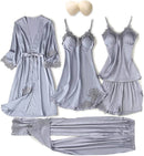 Women's Pajama Set 5 Piece Satin Lace Summer Sexy Nightdress B227408 - TUZZUT Qatar Online Shopping