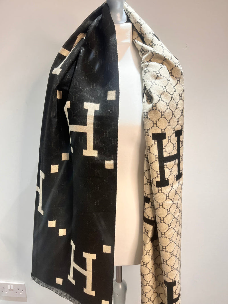 Black & Cream ‘H’ Designer Inspired Reversible Cashmere Scarf S277915054 - TUZZUT Qatar Online Shopping