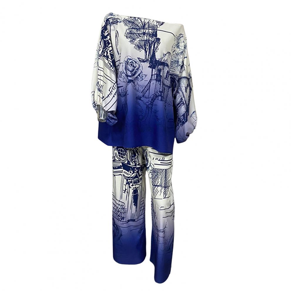 Printed One Shoulder Top and Straight Trousers for Women Vintage Chic Outfit for Lady Monochrome Dolman Sleeves 2 Pieces B305278 Printed One Shoulder Top and Straight Trousers for Women Vintage Chic Outfit for Lady Monochrome Dolman Sleeves 2 Pieces B305278