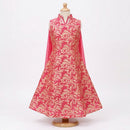 Coral Pink Botanical Print Sleeveless Dress with Draped Panels H-6