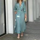 Lapel Deep V-Neck Shirt Dress Waist Tight High-Waist Pockets Long Sleeve Solid Color Maxi Dress Workwear XL B-53120 - Tuzzut.com Qatar Online Shopping