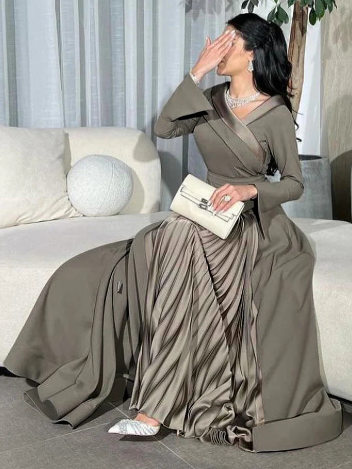 A-Line Wrap Pleated Solid Color Split-Joint V-Neck Maxi Dresses 158582 A-Line Wrap Pleated Solid Color Split-Joint V-Neck Maxi Dresses 158582