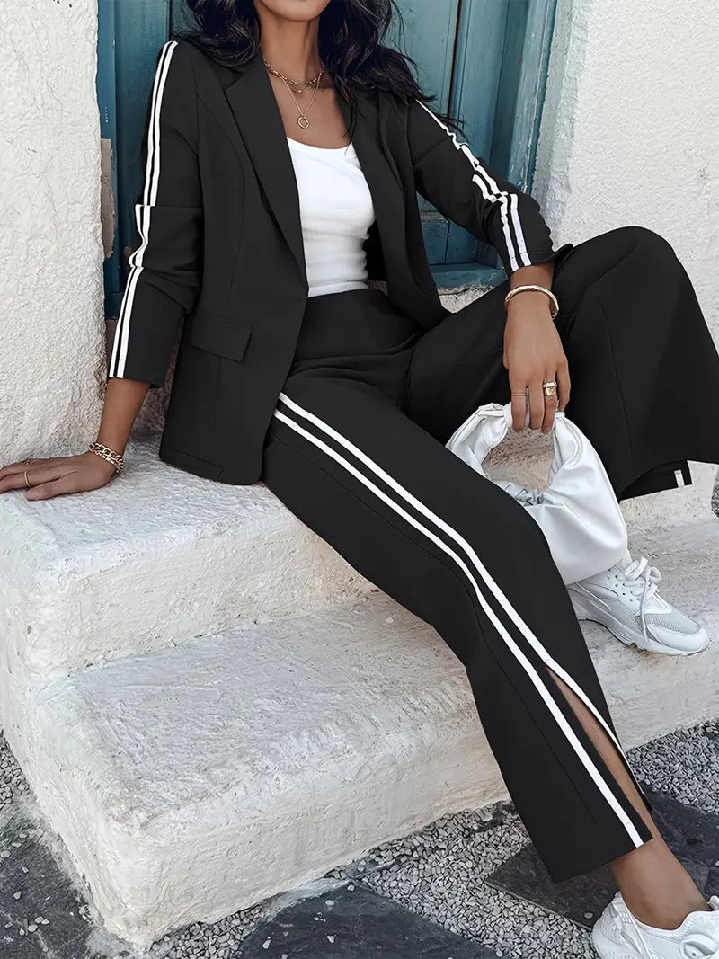 Women's Side-Stripe Decorated Long Sleeve Blazer and Pants Two-Piece Suit Set 179611
