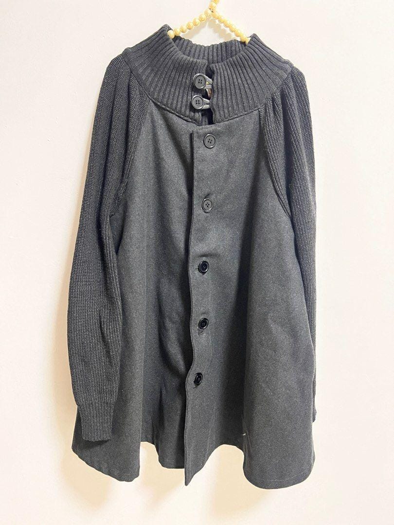 Women's Dark Gray Button Winter Swing Coat Knit Sleeves & Collar B187038 Women's Dark Gray Button Winter Swing Coat Knit Sleeves & Collar B187038