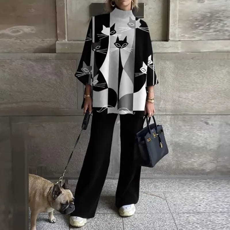 Fashion Art Striped Print Outfits Women Loose O Neck Pullover Tops And Wide Leg Pants Suit Elegant Lady Two Piece Set Tracksuits S2072190 - Tuzzut.com Qatar Online Shopping