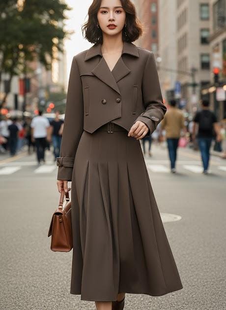 Long Sleeve Jacket + Pleated Skirt Top and Bottom Set 57420