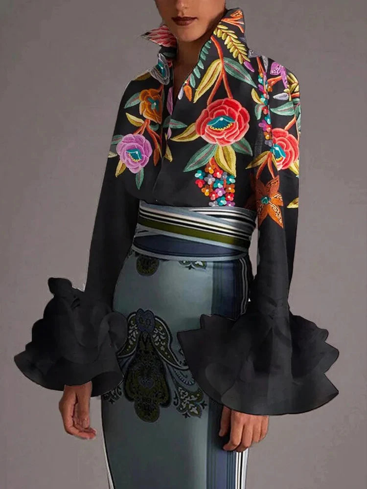 Flared Sleeves Long Sleeves Buttoned Contrast Color Flower Print Lapel Tops 141965 Flared Sleeves Long Sleeves Buttoned Contrast Color Flower Print Lapel Tops 141965