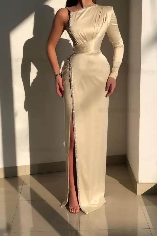 White Beaded Evening Dresses Satin Mermaid One-Shoulder Side Slit Floor-Length Elegant Party Dresses For Women 070544704 - Tuzzut.com Qatar Online Shopping