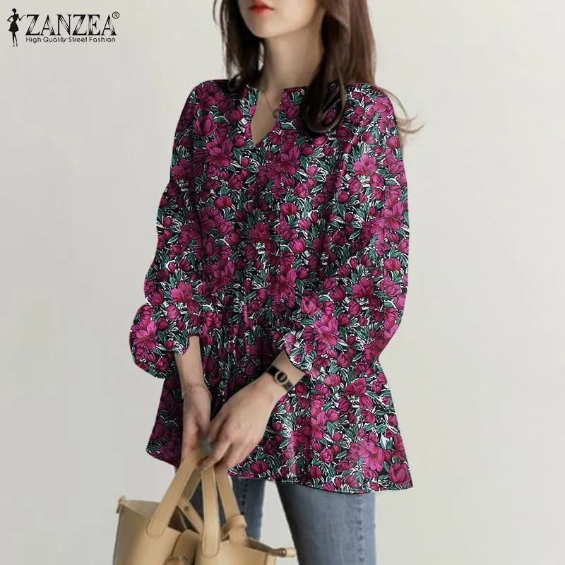 Bohemian Printed Blouse Women Vintage Full Sleeve Chemise ZANZEA Floral V Neck Drawstring Shirt Holiday Beach Tops Femme Blusas S S4340838 - Tuzzut.com Qatar Online Shopping