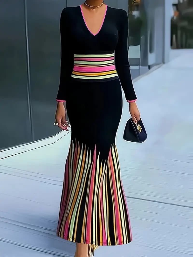 Long Sleeves Skinny Colorful Contrast Color Striped V-Neck Maxi Dresses 174661 Long Sleeves Skinny Colorful Contrast Color Striped V-Neck Maxi Dresses 174661