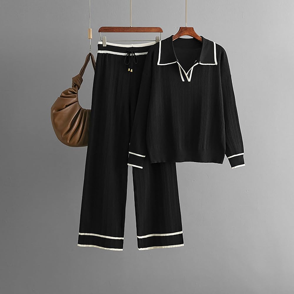 Women Cute Lapel Collar Sweater Wide Leg Pants Two Piece Outfits S497730 Women Cute Lapel Collar Sweater Wide Leg Pants Two Piece Outfits S497730