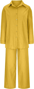 Summer Sets for Women 2 Piece Linen Outfits Gauze Button Down Shirts and Pants Tracksuits Casual Lounge Set Pants Set   B101322 - TUZZUT Qatar Online Shopping