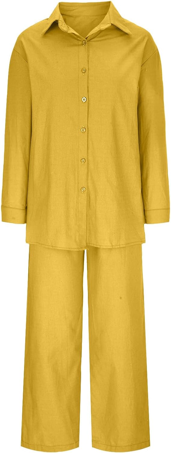 Summer Sets for Women 2 Piece Linen Outfits Gauze Button Down Shirts and Pants Tracksuits Casual Lounge Set Pants Set B101322 Summer Sets for Women 2 Piece Linen Outfits Gauze Button Down Shirts and Pants Tracksuits Casual Lounge Set Pants Set B101322