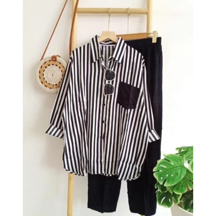 Women's 2 Pcs Long Sleeve Striped Weave Shirt Sets 572870 XL Women's 2 Pcs Long Sleeve Striped Weave Shirt Sets 572870 XL