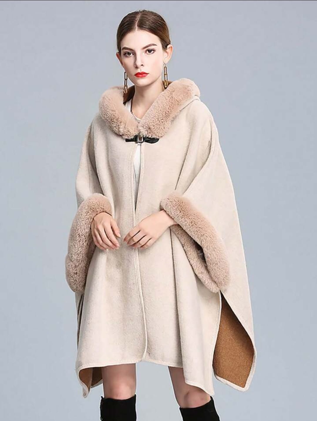 Women's Luxury Batwing Sleeve Faux Fur Hooded Cloak Poncho Sweater Cape 57459 Women's Luxury Batwing Sleeve Faux Fur Hooded Cloak Poncho Sweater Cape 57459