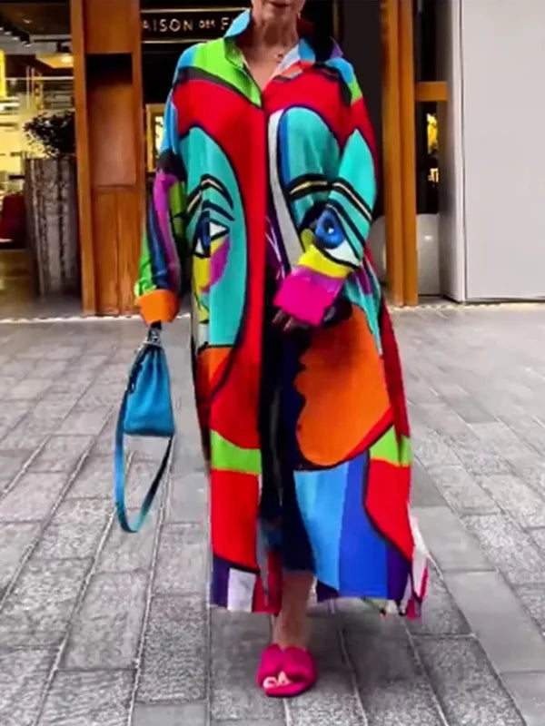 Multi-Colored Lapel Maxi Dresses Shirt Dress S 120000