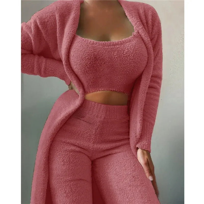 New Autumn Winter Women'S Velvet Pajamas Set Crop Top+Long Pants+Coat 3 Pieces 30495 New Autumn Winter Women'S Velvet Pajamas Set Crop Top+Long Pants+Coat 3 Pieces 30495