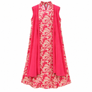Coral Pink Botanical Print Sleeveless Dress with Draped Panels H-6