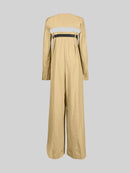 Buttoned Long Sleeves Collarless Outerwear Top + Wide Leg Belted Jumpsuits Two Pieces Set 150697 - TUZZUT Qatar Online Shopping
