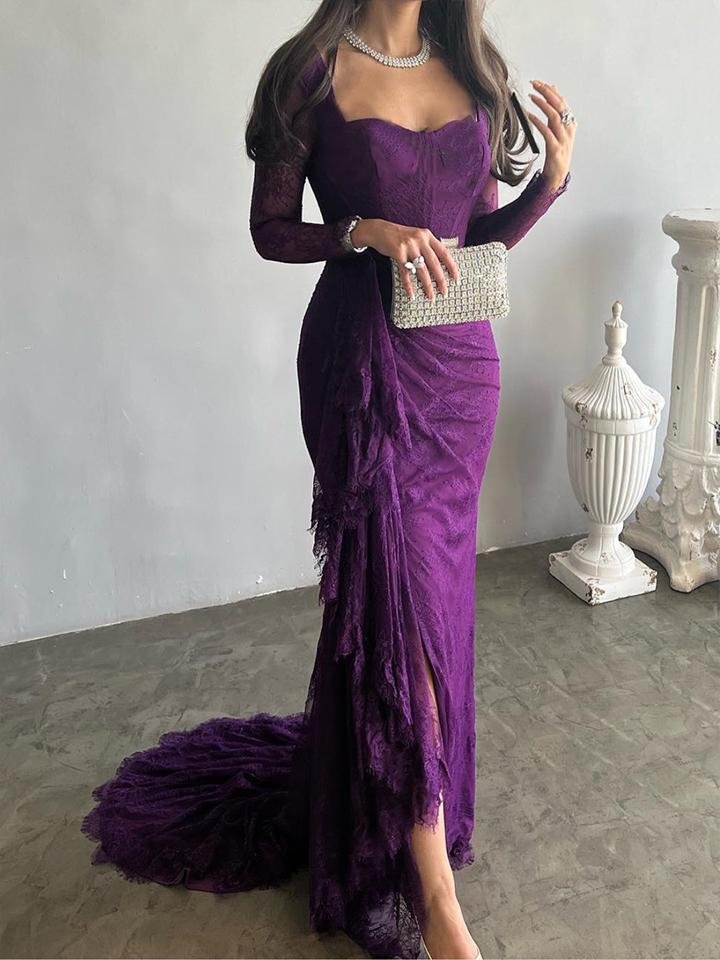 Long Sleeves Mermaid Mesh See-Through Split-Side Square-Neck Evening Dresses Maxi Dresses 141875 - TUZZUT Qatar Online Shopping