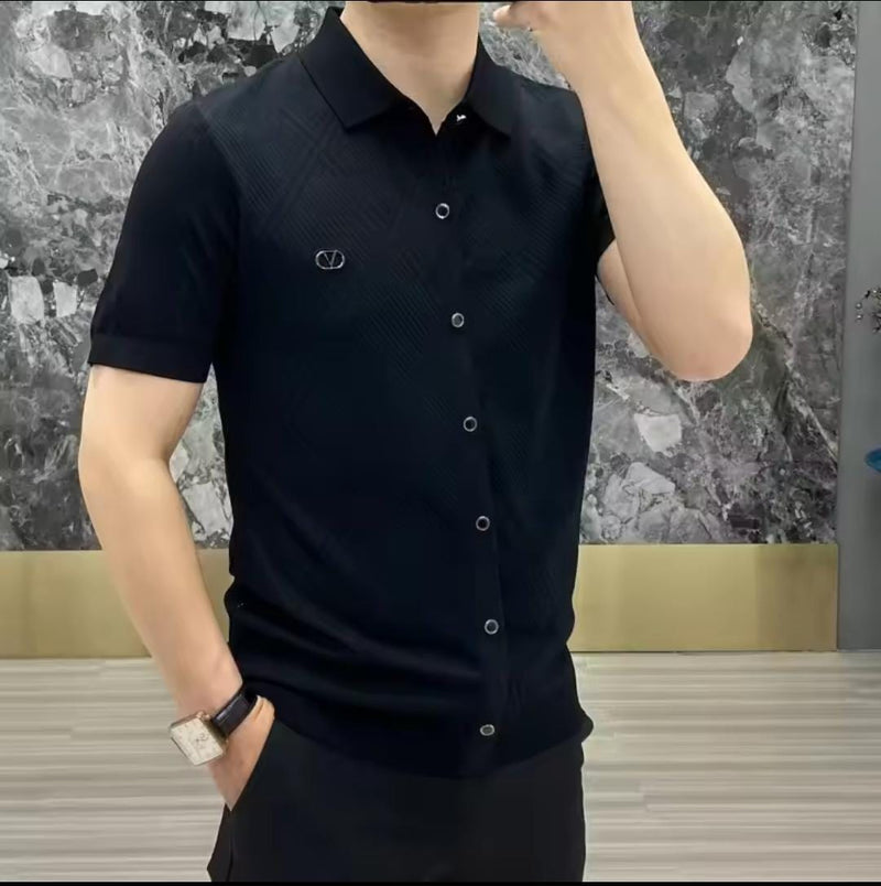 Men's Monochrome Knitted Jacquard Fabric Collart-Shirt S5000461 L