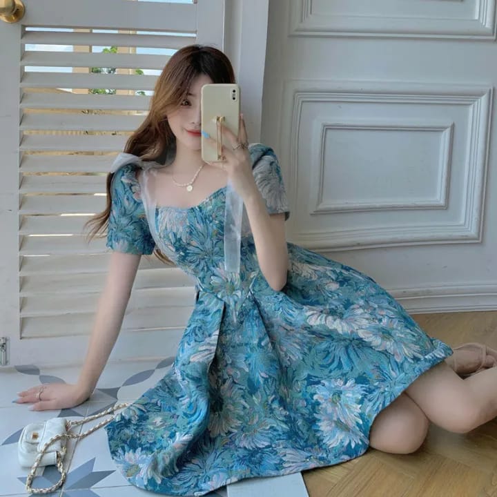 Large size French retro puff sleeve dress fat girl waist thin floral dress X4462338 - Tuzzut.com Qatar Online Shopping