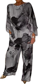 Women's 2 Piece Printed Boat Neck Long Batwing Sleeve Tops Wide Leg Long Pants With Pockets   B293972 - TUZZUT Qatar Online Shopping