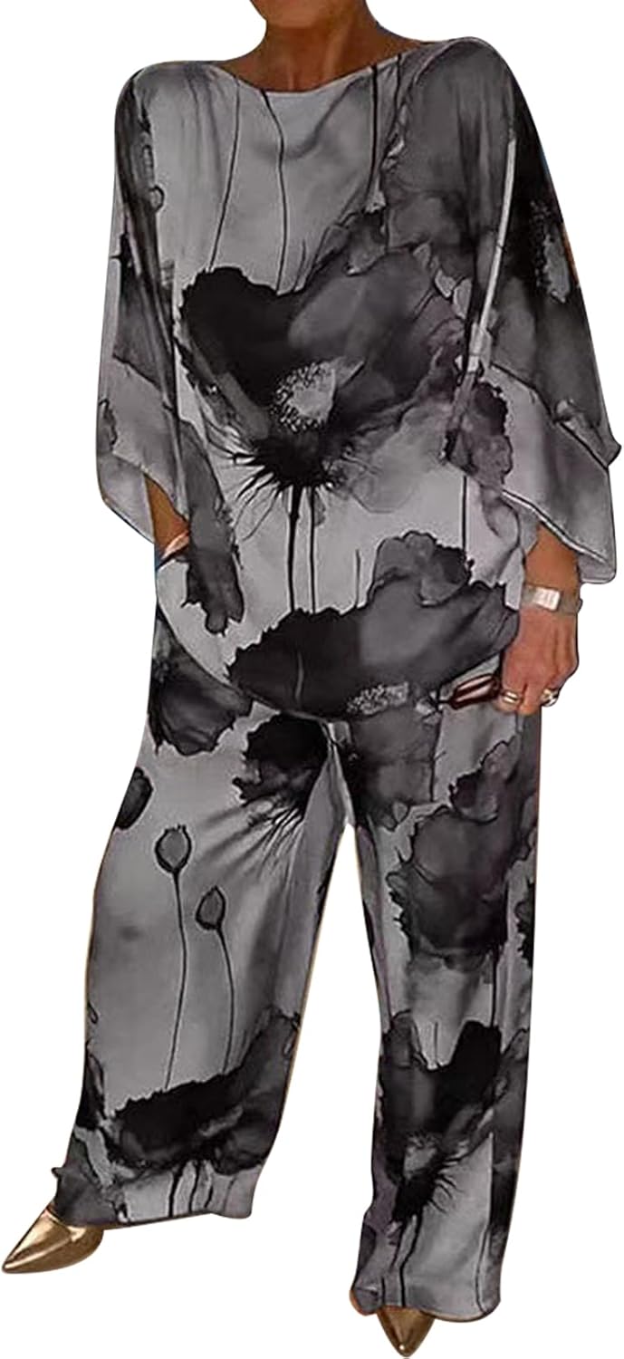 Women's 2 Piece Printed Boat Neck Long Batwing Sleeve Tops Wide Leg Long Pants With Pockets B293972 Women's 2 Piece Printed Boat Neck Long Batwing Sleeve Tops Wide Leg Long Pants With Pockets B293972