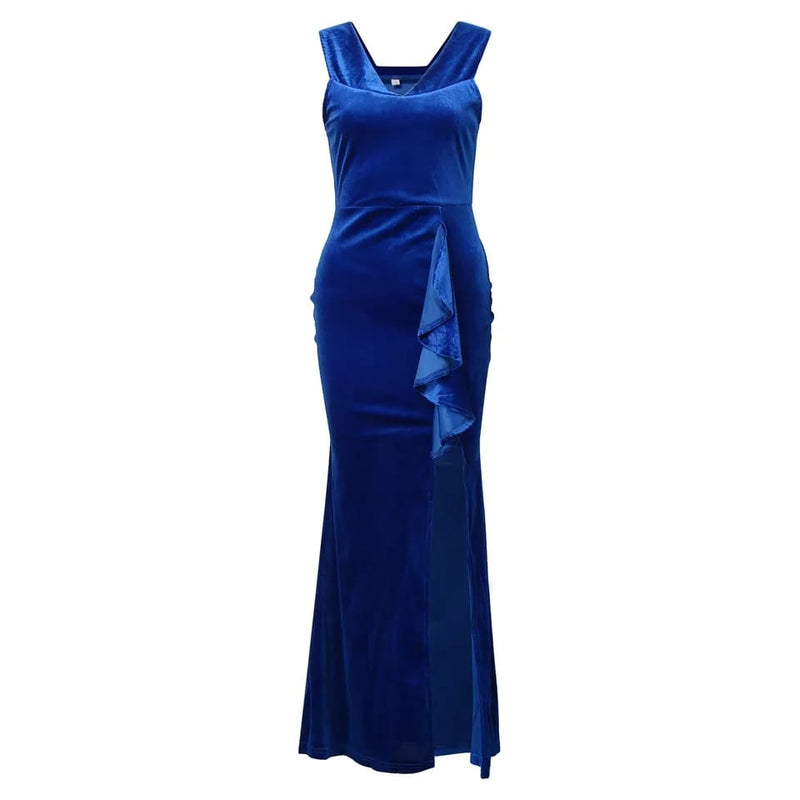 Elegant Off Shoulder Long Blue Dress Women's Sleeveless Velvet Formal High Slit Evening Long Dress Evening Party Dress Gowns L B-34733 - Tuzzut.com Qatar Online Shopping