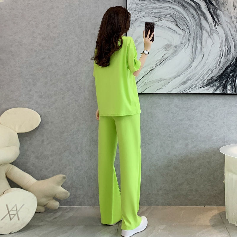 2 Pcs Women's Short Sleeve Solid Color Pants Set S 418202 2 Pcs Women's Short Sleeve Solid Color Pants Set S 418202