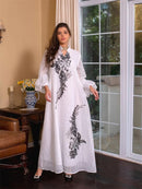 Abayas Muslim Dress for Women Dubai Robe Embroidery Lantern Sleeve Kaftan Slim Belt Waist Long Skirt Middle Eastern Frenulum Style   S4831094 - TUZZUT Qatar Online Shopping