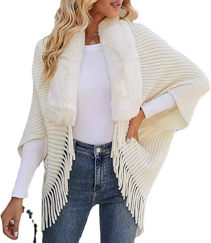 Women Faux Fur Collar Shawl Knitted Winter Capes B-917253 Women Faux Fur Collar Shawl Knitted Winter Capes B-917253
